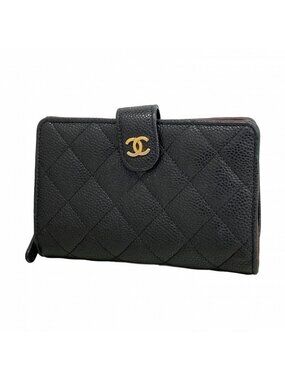 Chanel Trifold Wallet Quilted Caviar Leather Black Gold